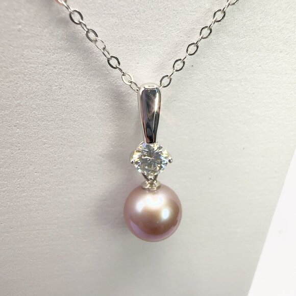 Pink Pearl & Moissanite Necklace 925 Sterling Silver Elegant Jewelry - Picture 10 of 16